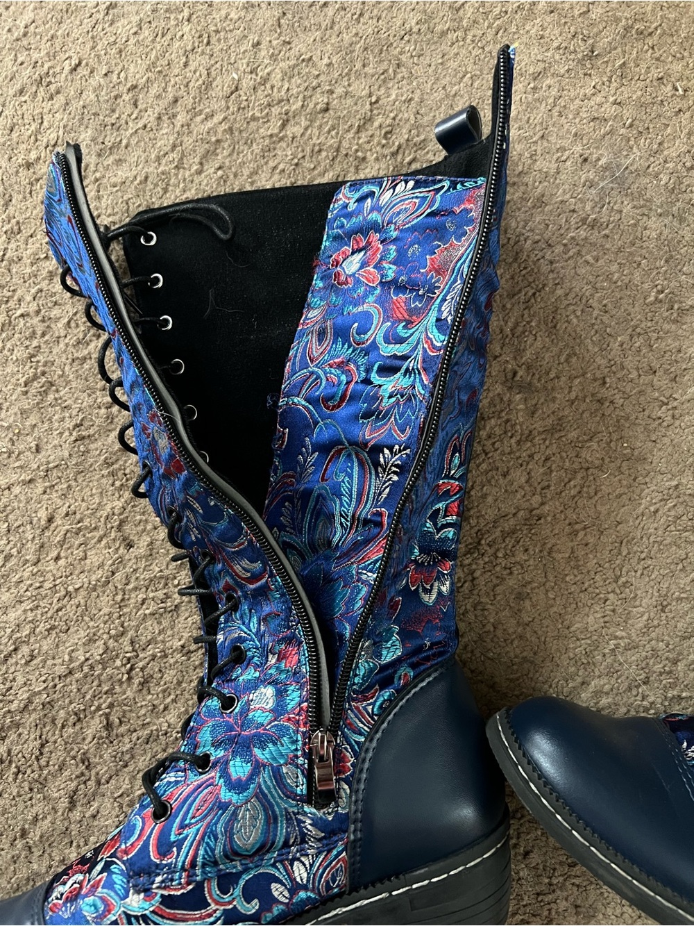 Floral Embroidered Navy Lace-Up Women's Boots - Picture 5 of 5
